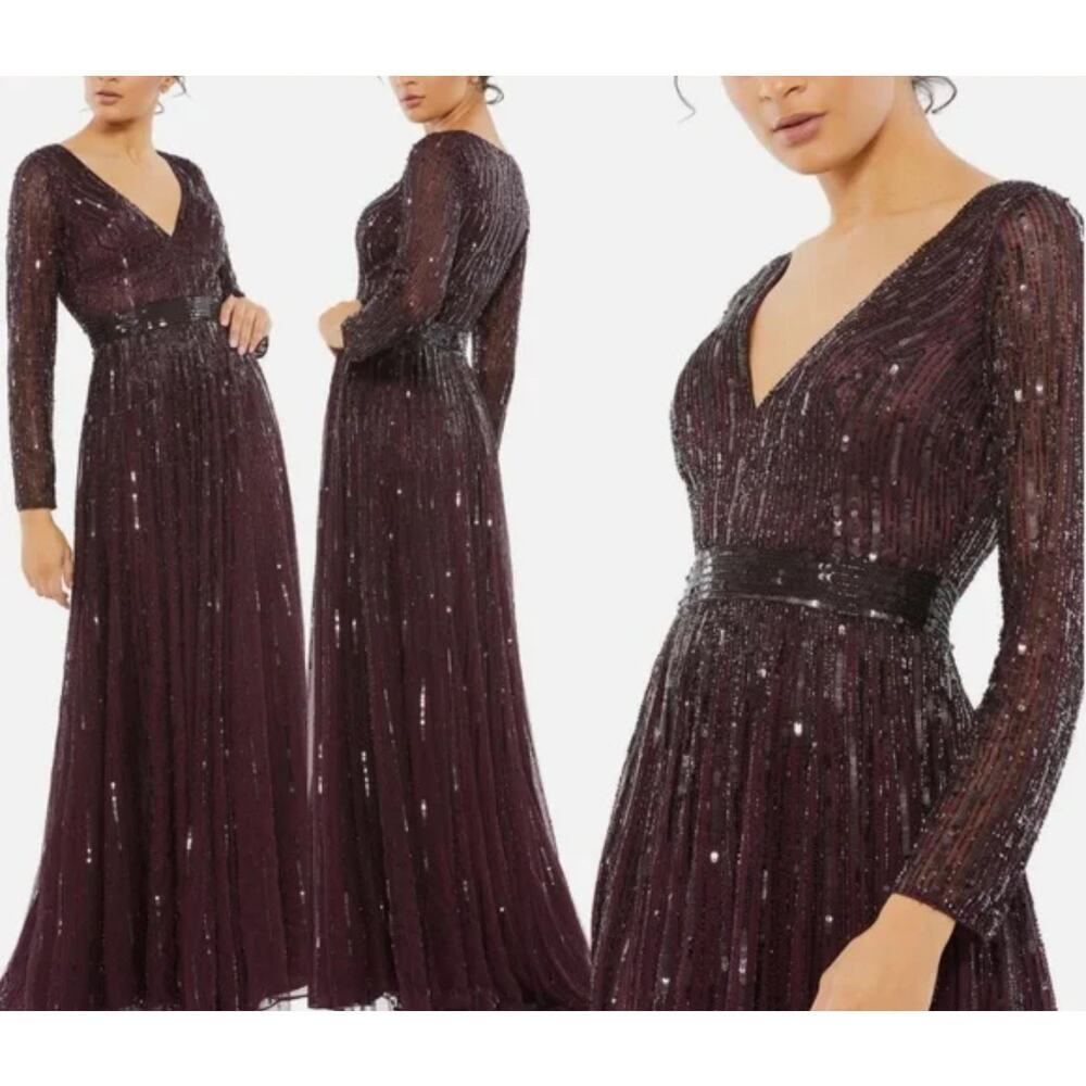 Mac Duggal 4977 Sequined & Bead Plunging V-Neck Mulberry Gown SZ 14 NWT - Picture 1 of 12